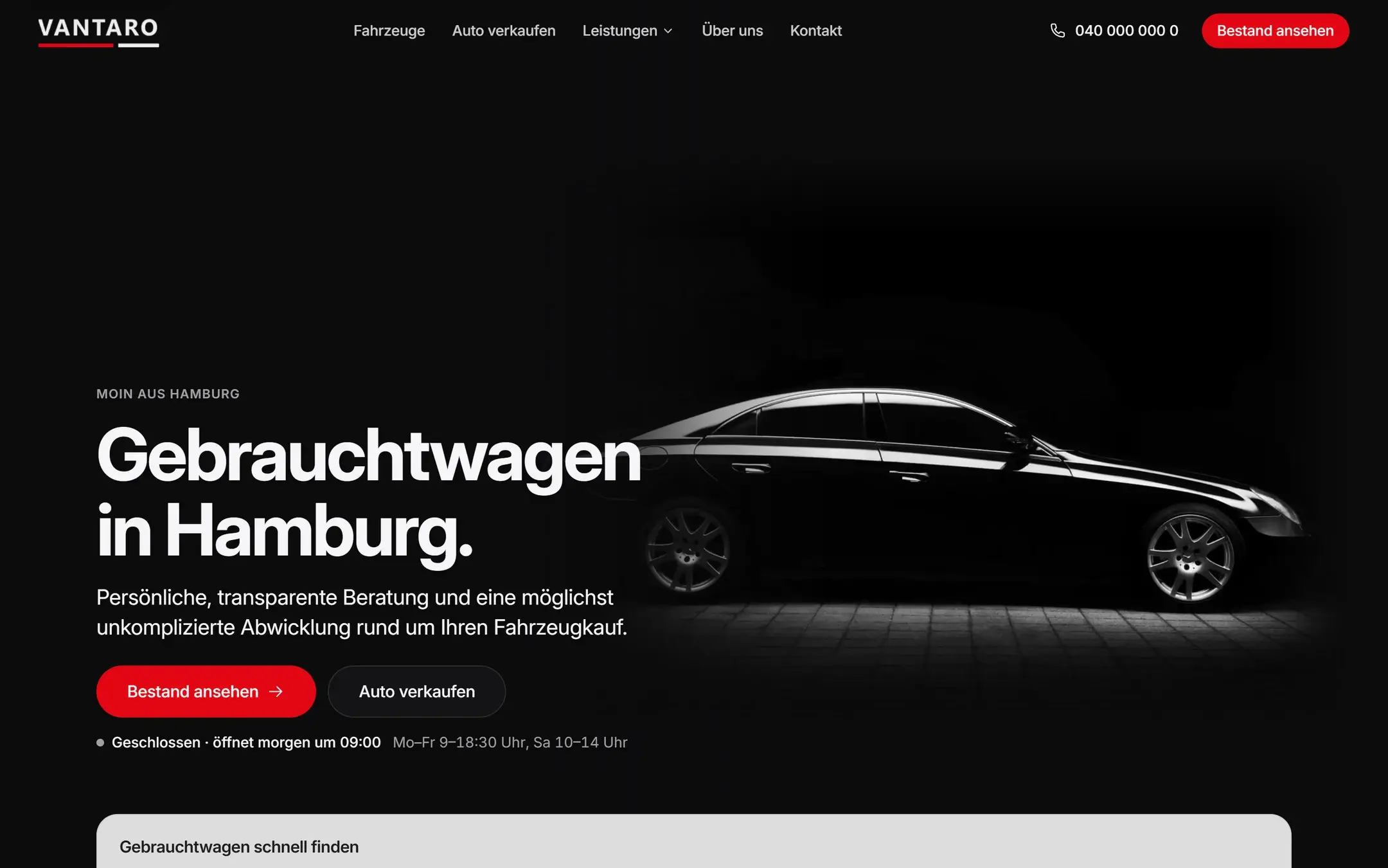 Startseite von Vantaro Automobile: dunkler Hero mit großer Headline „Gebrauchtwagen in Hamburg.“, rotem Button und einer Limousine im Studiolicht.