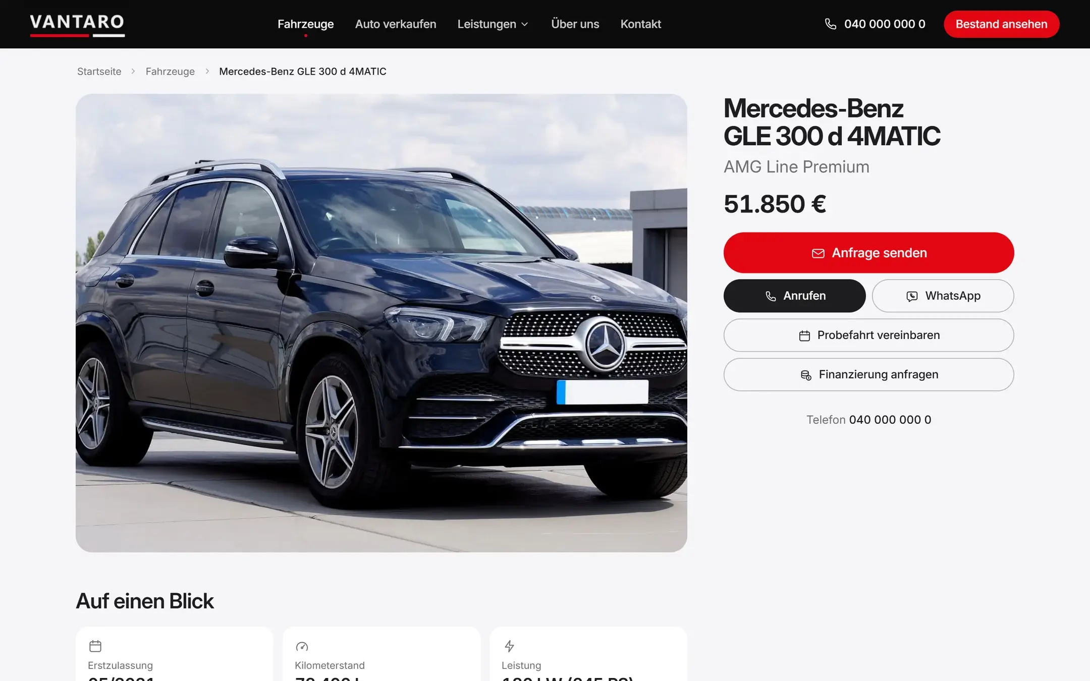 Fahrzeugdetailseite von Vantaro Automobile: große Galerieaufnahme eines dunkelblauen SUV, daneben Titel, Preis und gestapelte Aktionsbuttons.