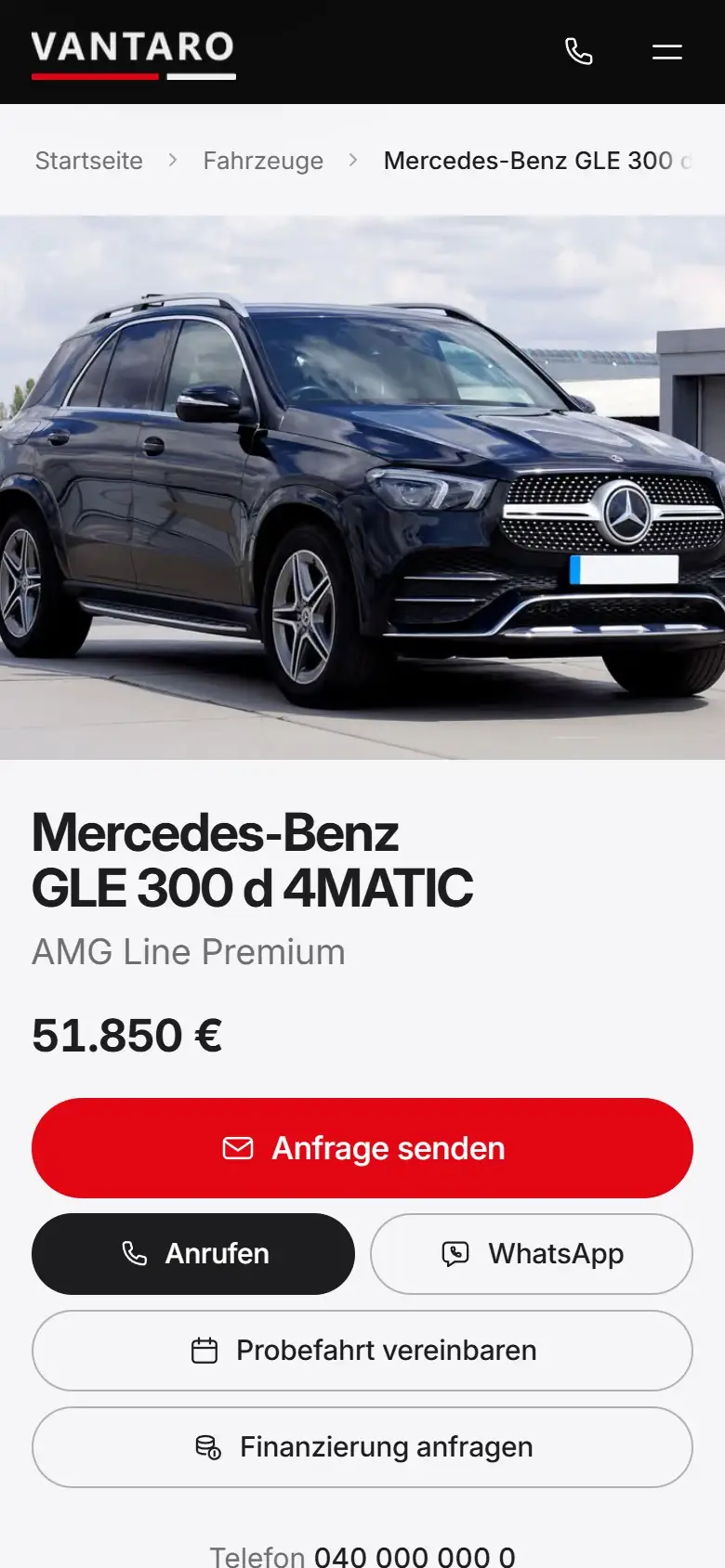 Mobile Fahrzeugdetailseite von Vantaro Automobile: Galeriefoto eines dunkelblauen SUV, Titel, Preis und gestapelte Aktionsbuttons.