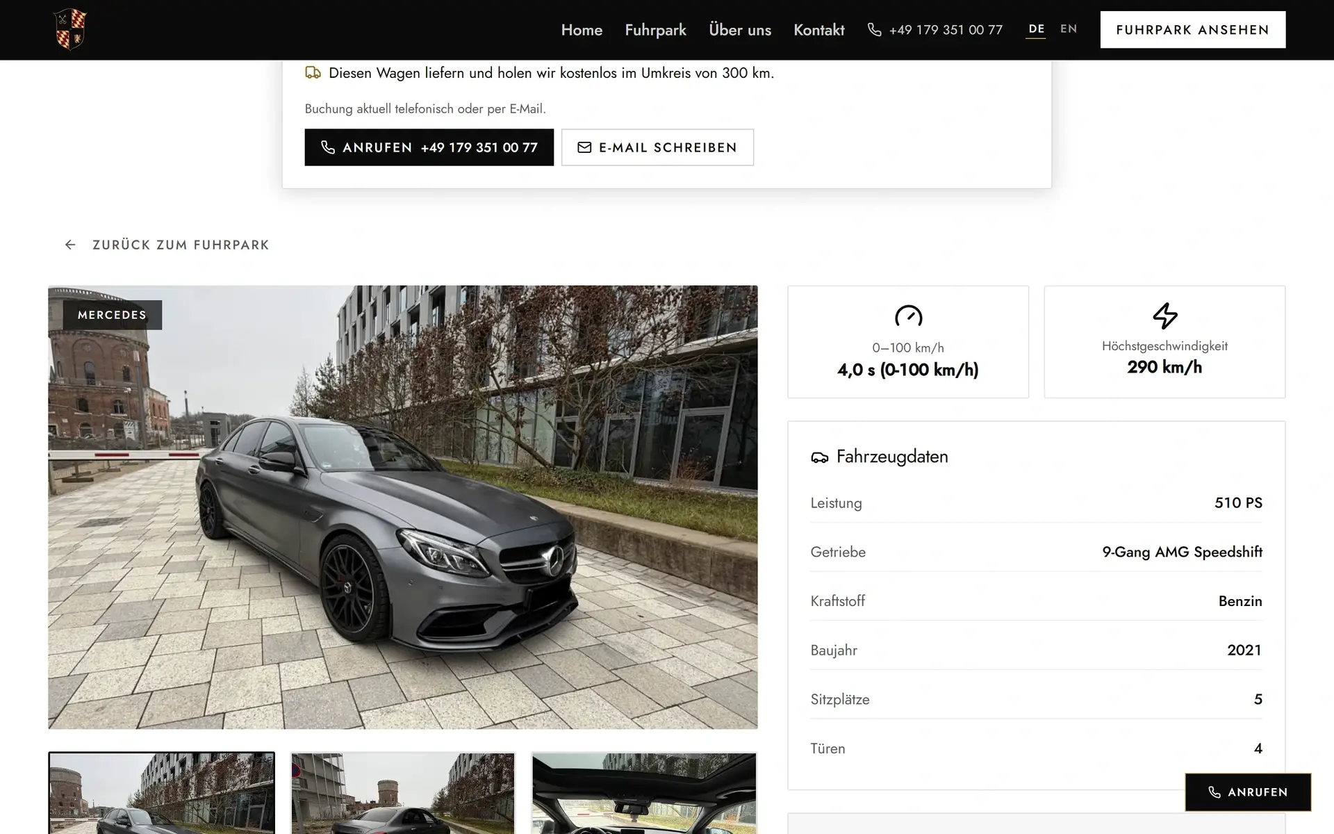 Fahrzeugseite auf goldenkey-sportcars.de: Galerie, Fahrzeugdaten und Box für die telefonische Beratung
