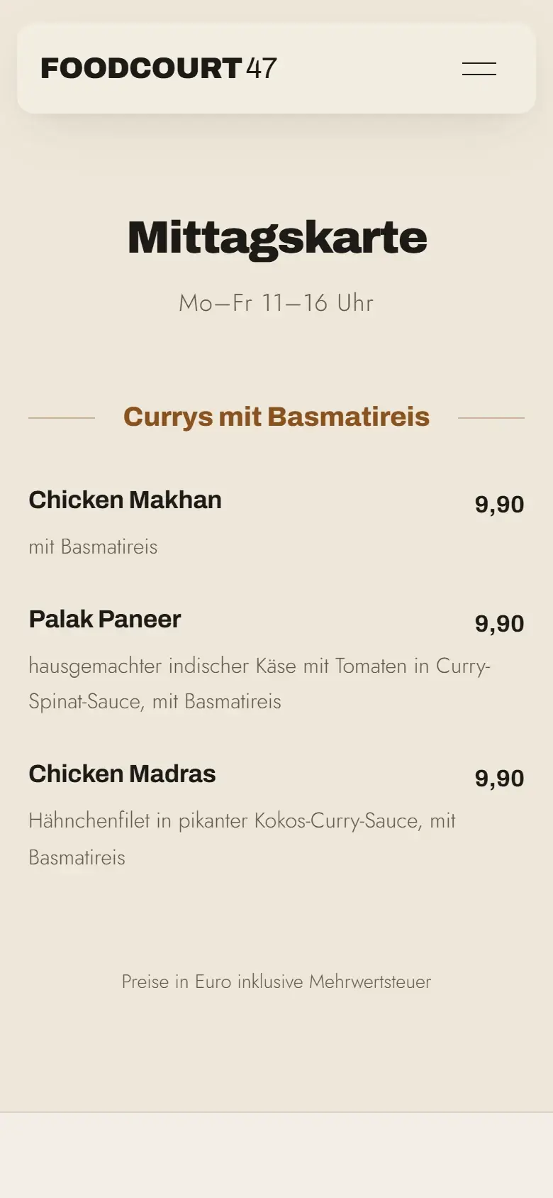 Mobile Mittagskarte von Manju: typografische Speisekarte mit drei Currys mit Basmatireis, Preisen und dem Hinweis auf Preise inklusive Mehrwertsteuer.