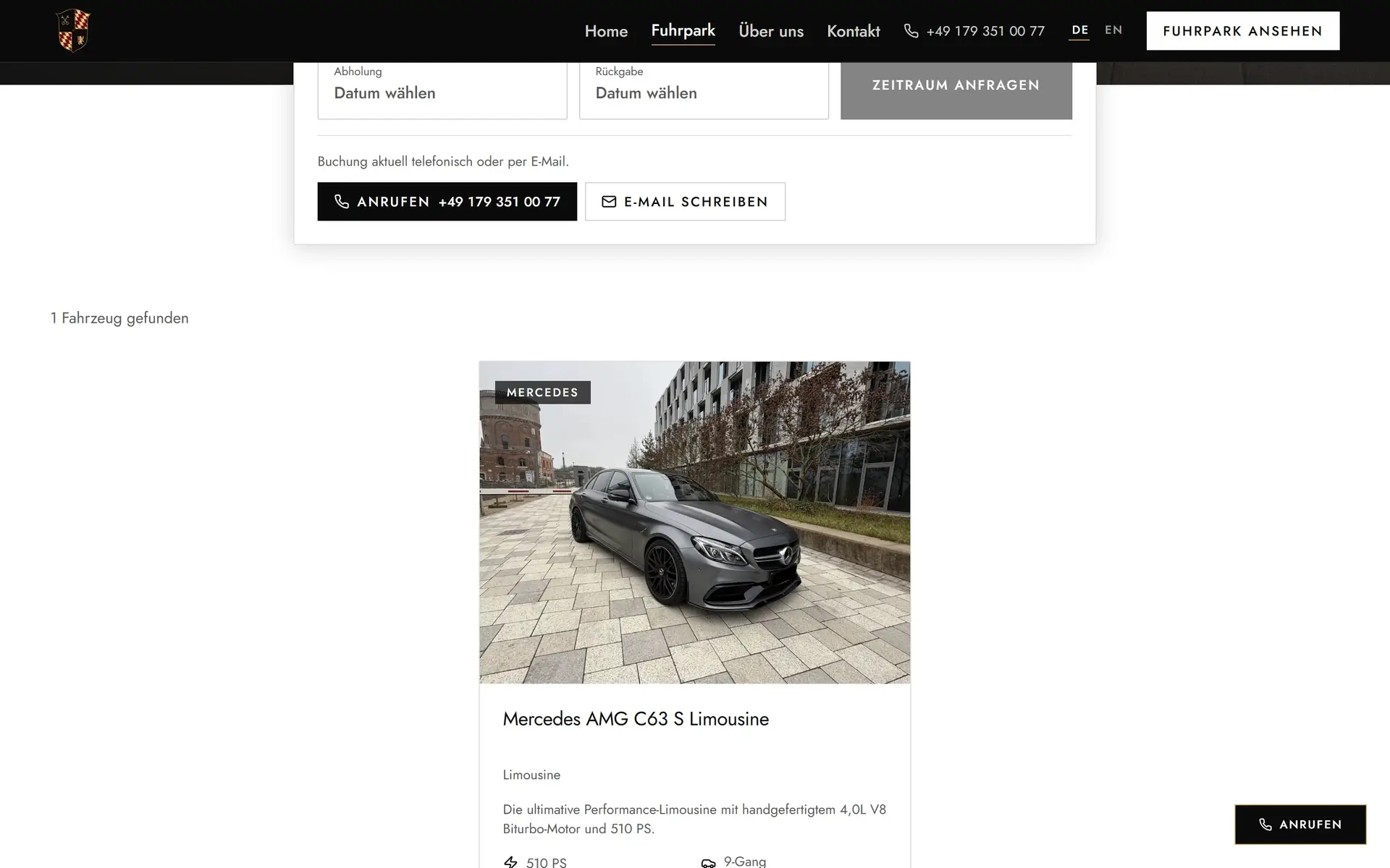 Fuhrpark-Seite auf goldenkey-sportcars.de mit Buchungsbox und Fahrzeugkarte