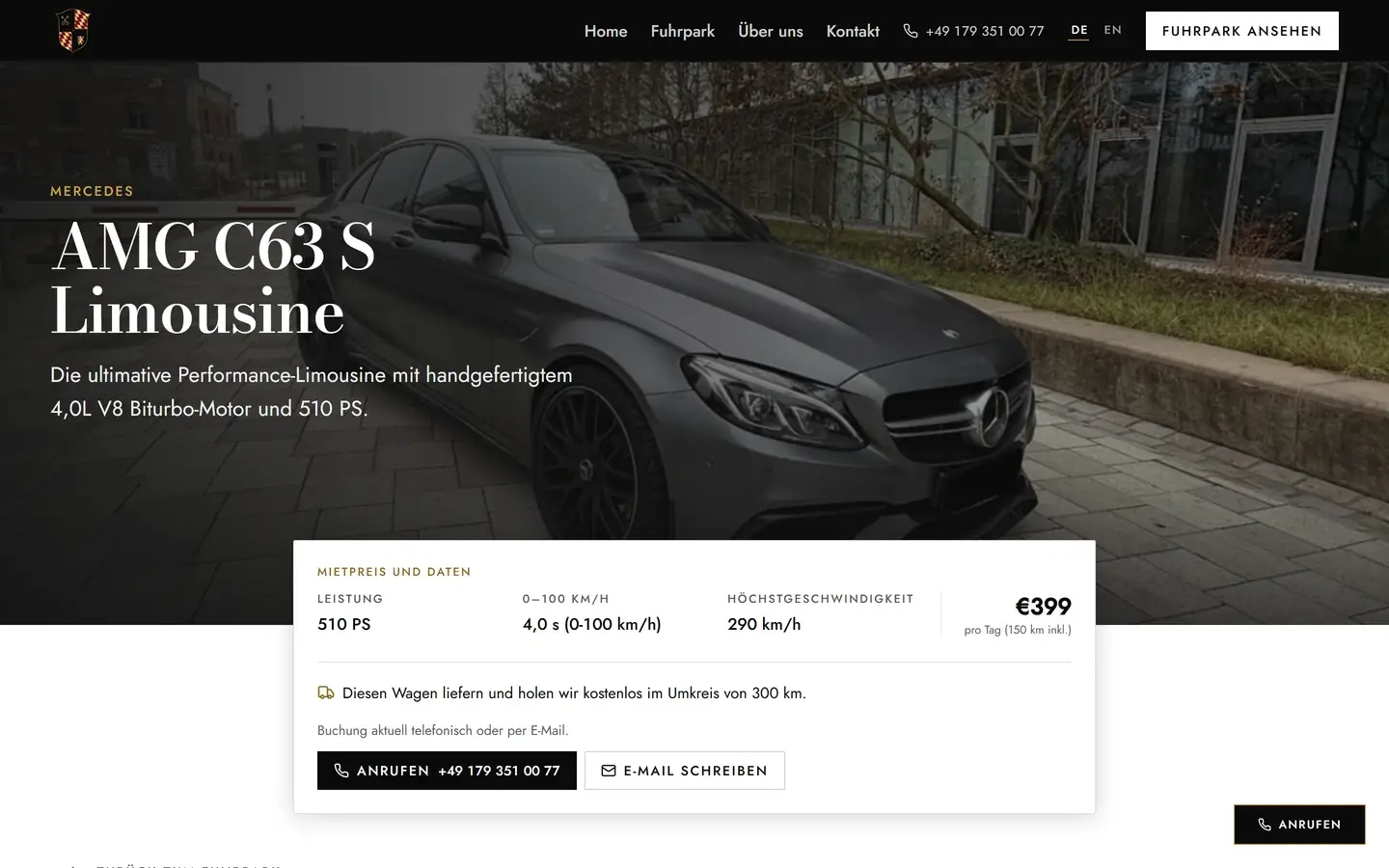Fahrzeugseite von Goldenkey Sportcars: „AMG C63 S Limousine“