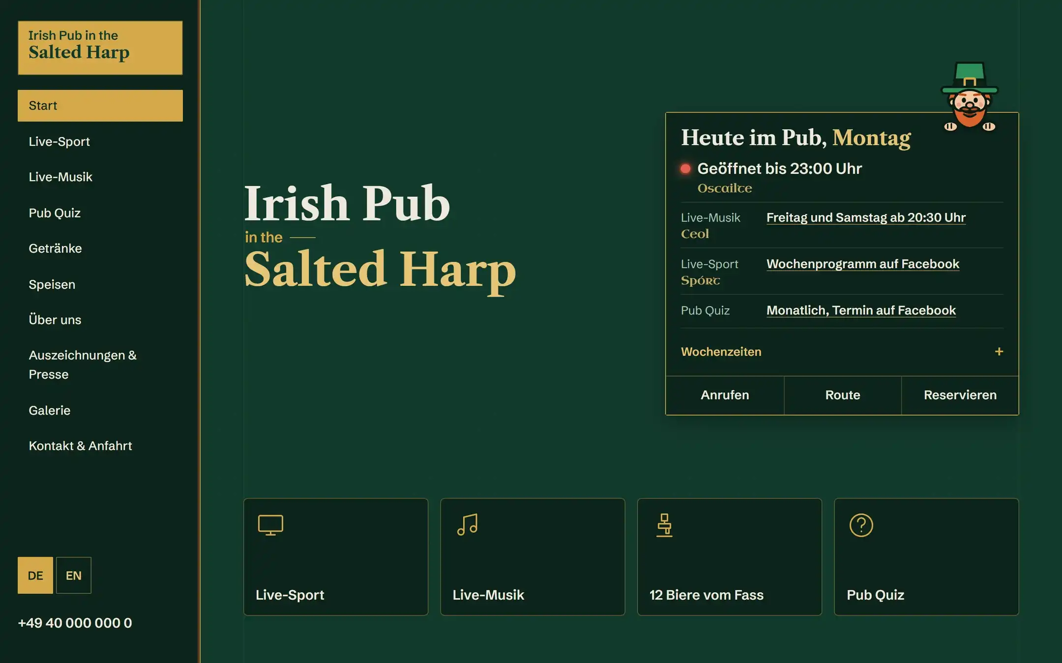 Designentwurf für einen Irish Pub: Startseite mit Tagestafel