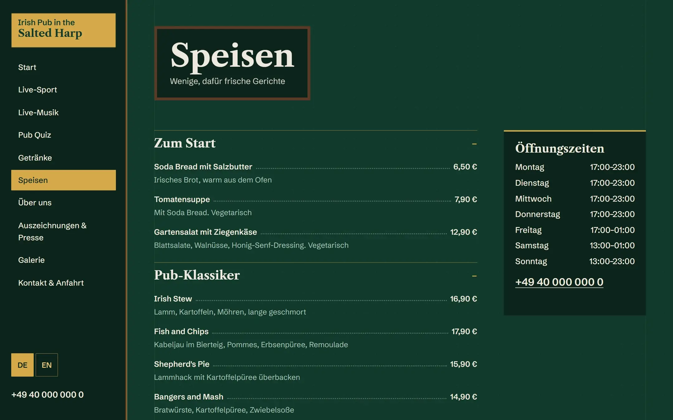 Speisekarte des Irish Pub The Salted Harp mit Überschrift als holzgerahmter Kreidetafel, zwei geöffneten Menügruppen mit gepunkteten Führungslinien und der Öffnungszeiten-Tafel.