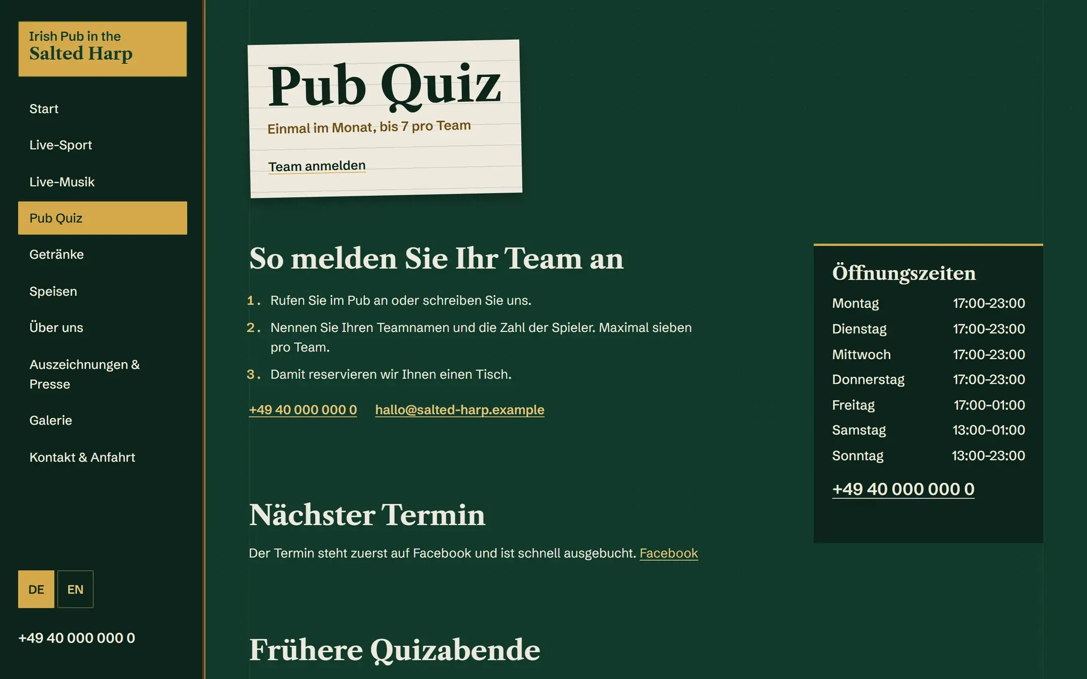 Pub-Quiz-Seite des Irish Pub The Salted Harp mit Überschrift auf einem leicht gedrehten Notizzettel, nummerierten Anmeldeschritten und der Öffnungszeiten-Tafel.