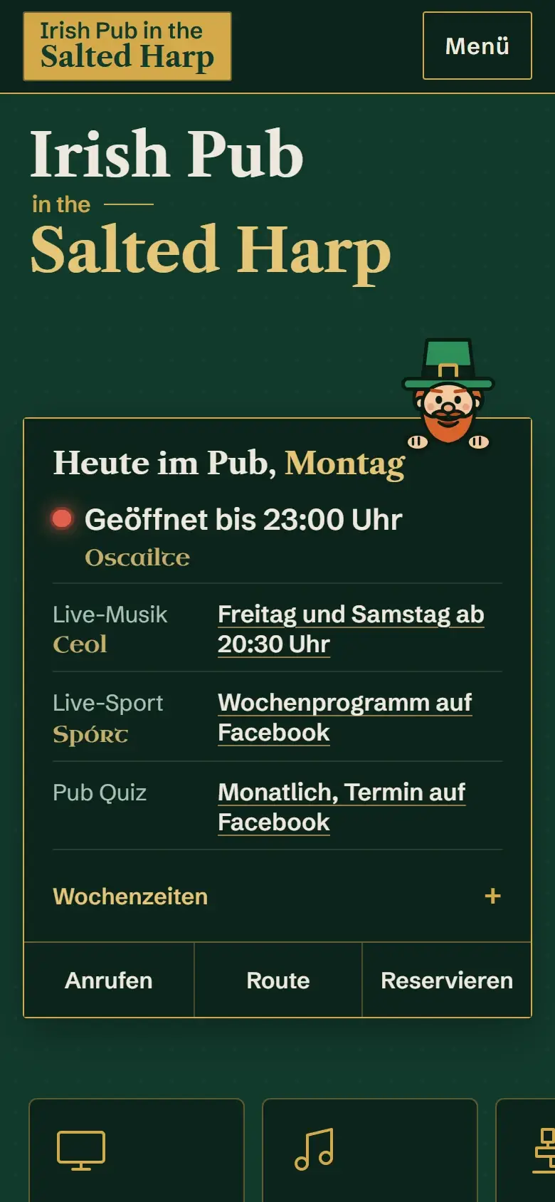 Mobile Startseite des Irish Pub The Salted Harp mit goldener Plakette, Menü-Button, Wortmarke und der Tafel „Heute im Pub“ mit Kobold-Maskottchen.