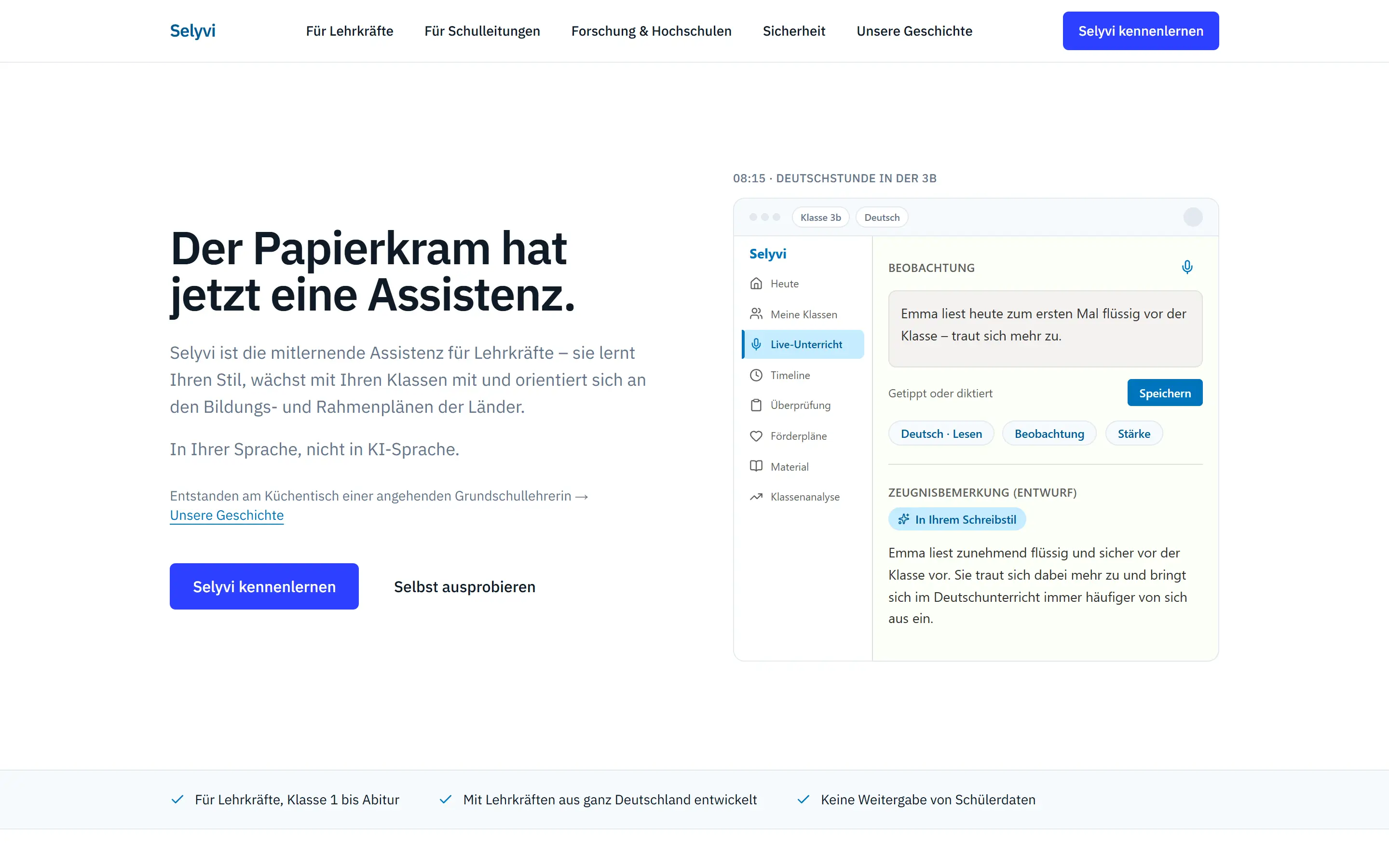 Startseite von selyvi.de in der Desktop-Ansicht: Überschrift „Der Papierkram hat jetzt eine Assistenz.“ neben einer Vorschau der Plattform